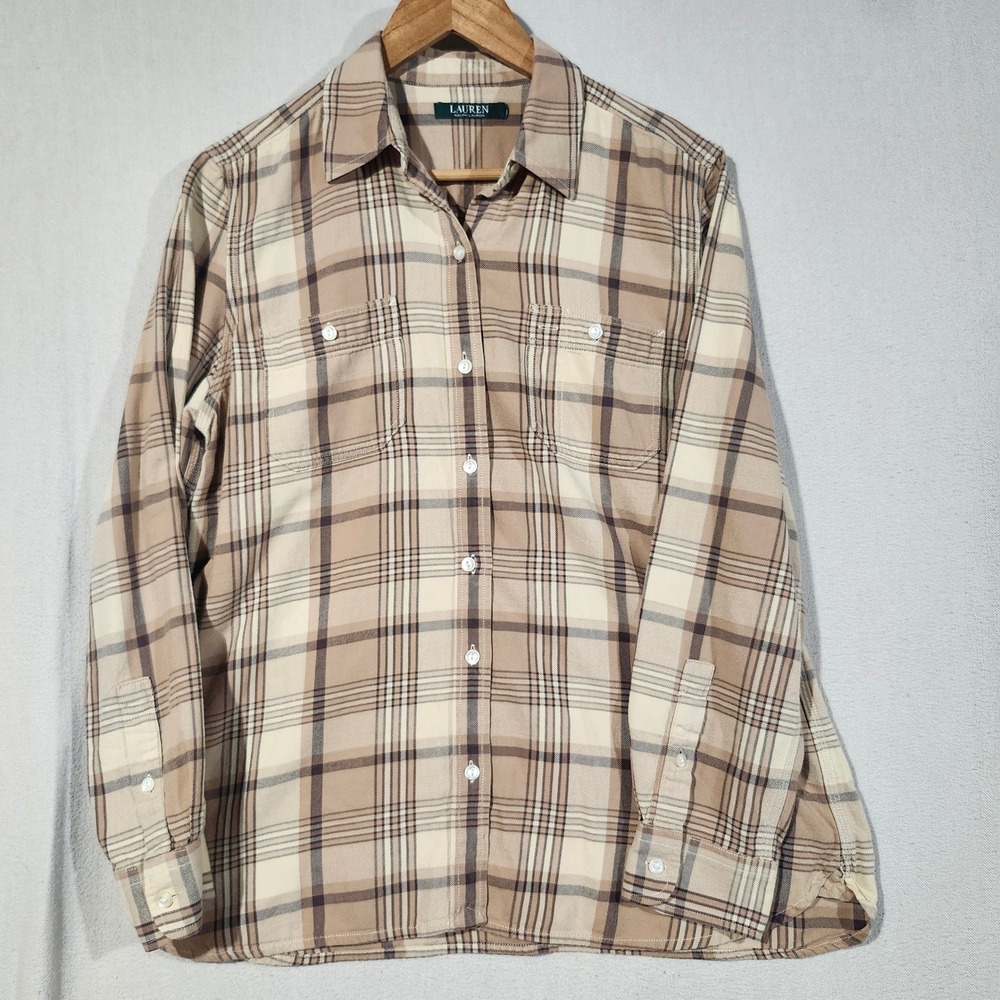 Lauren Ralph Lauren Women M Tan Brown Plaid Cotton Button Up Shirt Long Sleeve